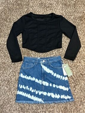 Black Long-Sleeve Cropped Top and Blue Tie-Dye Denim Skirt Kids Matching Set
